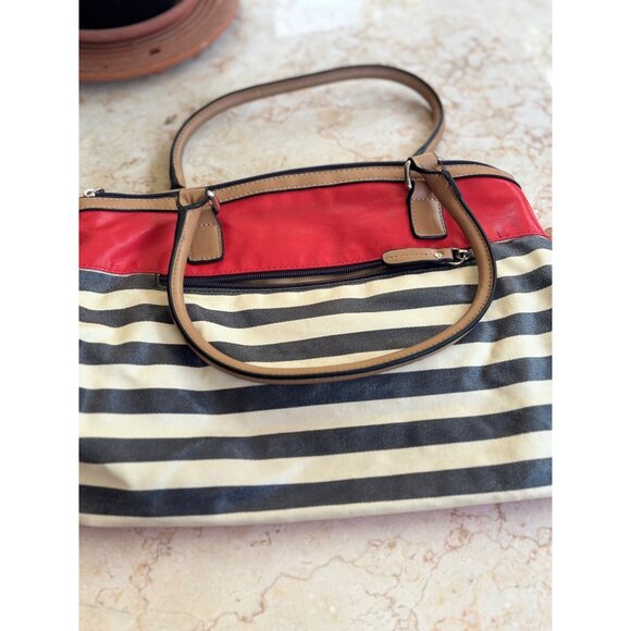 Giani Bernini Red & Black Striped Tote Bag With Tan Handles - Picture 8 of 9